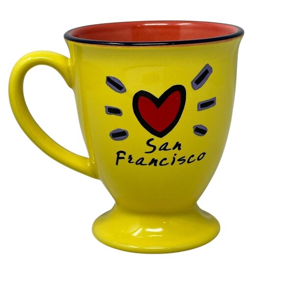 Luke A Tuke Mug San Francisco Yellow Ceramic Pedestal Red Interior 12 Oz - Picture 2 of 7